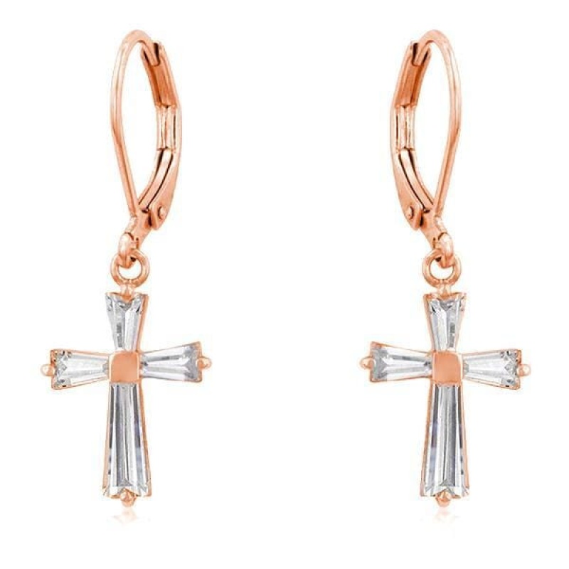 Rose Gold Plated Cz Cross Drop Earrings