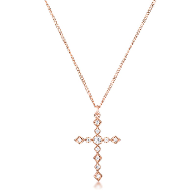 Dainty Art Deco Rose Gold Plated Clear Cz Cross Pendant