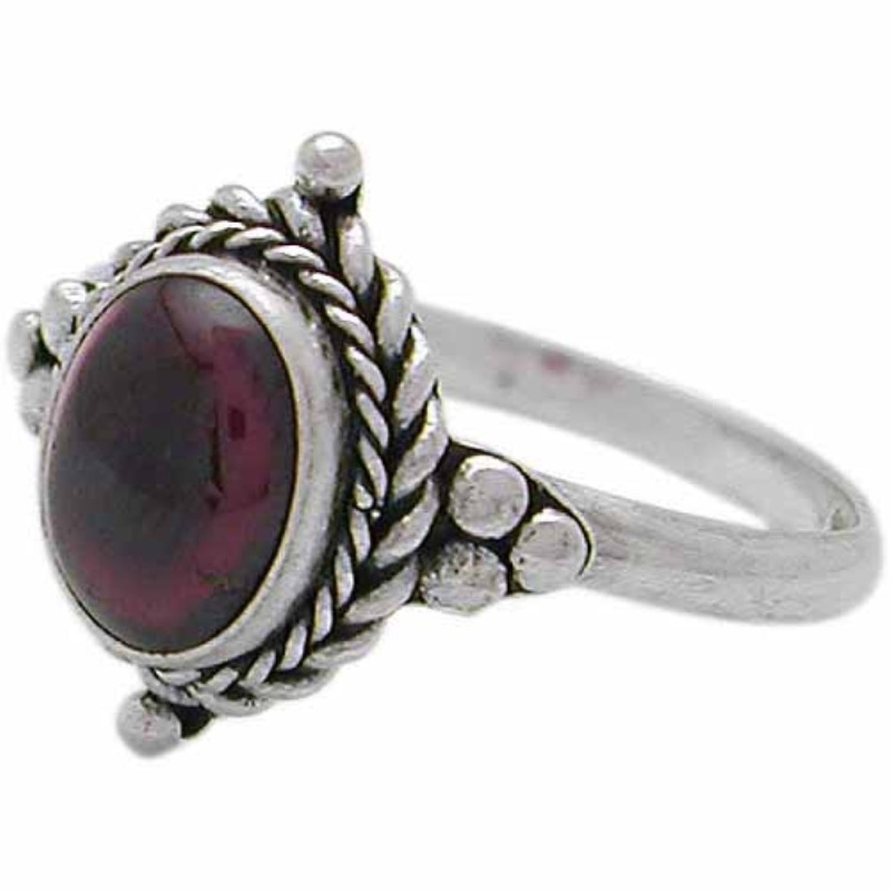 Sterling Silver Cabochon Garnet Oval Bali Twist Rope Ring,