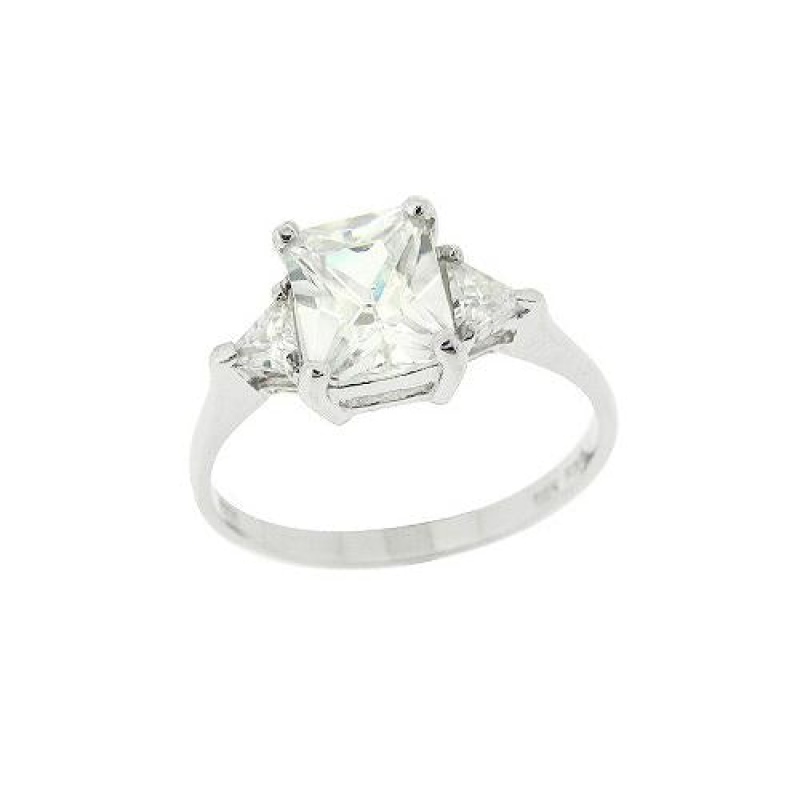 Sterling Silver Three Stone Cz Trillion Emerald-Cut Engagement Ring, Size 9