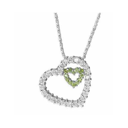 Sterling Silver Olive & Clear Cz Floating Heart Within A Heart Pendant