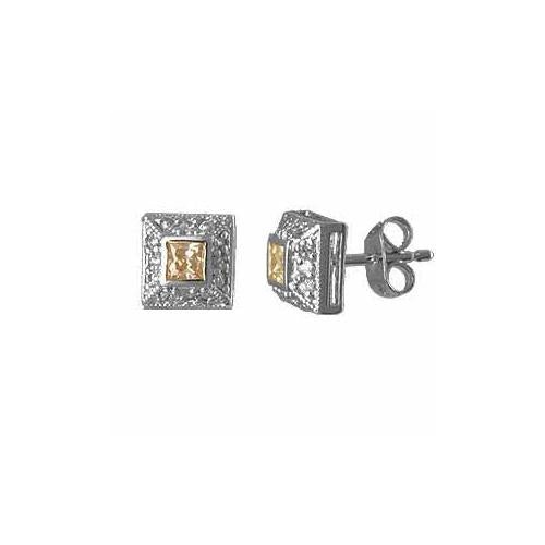 Sterling Silver Champagne With Created Diamond Cz Border Square Post Earrings