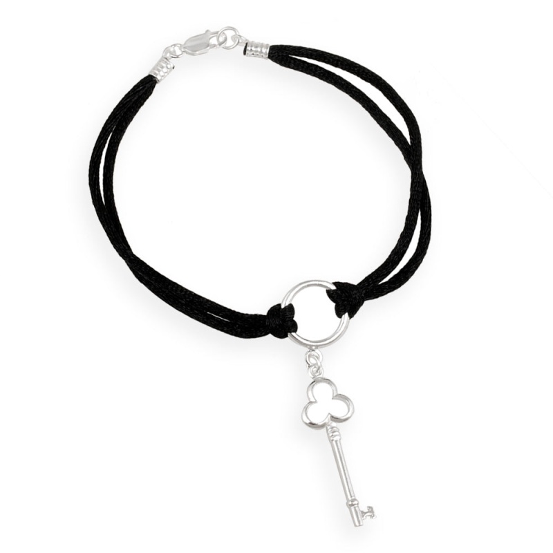 Sterling Silver Clover Key Charm On Silk Cord Bracelet