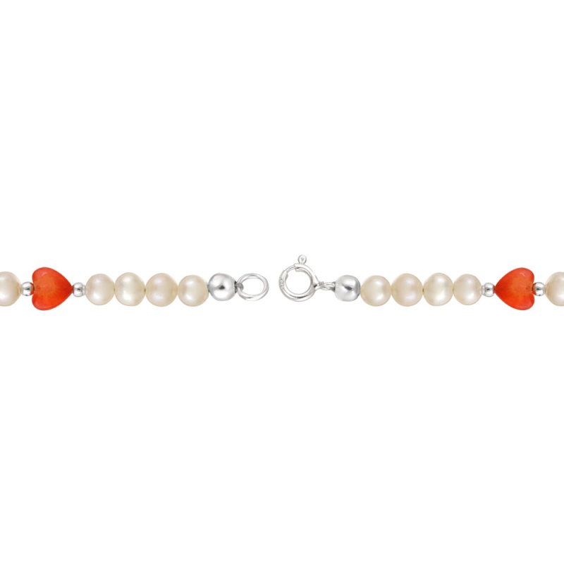 Sterling Silver White Freshwater Cultured Pearls & Coral Hearts Baby Bracelet, 5"