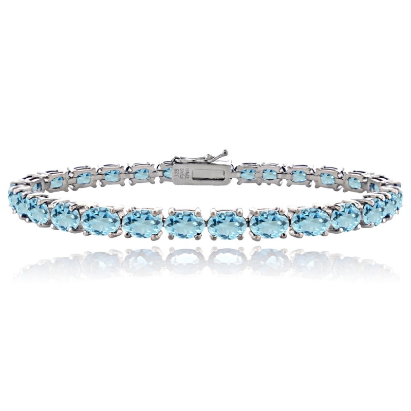 Sterling Silver 14.4Ct Blue Topaz 6X4mm Oval Tennis Bracelet