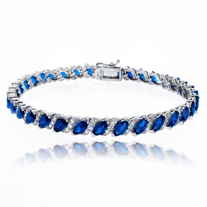 Sterling Silver Created Blue Sapphire Marquise-Cut 6X3mm Tennis Bracelet With White Topaz Accents