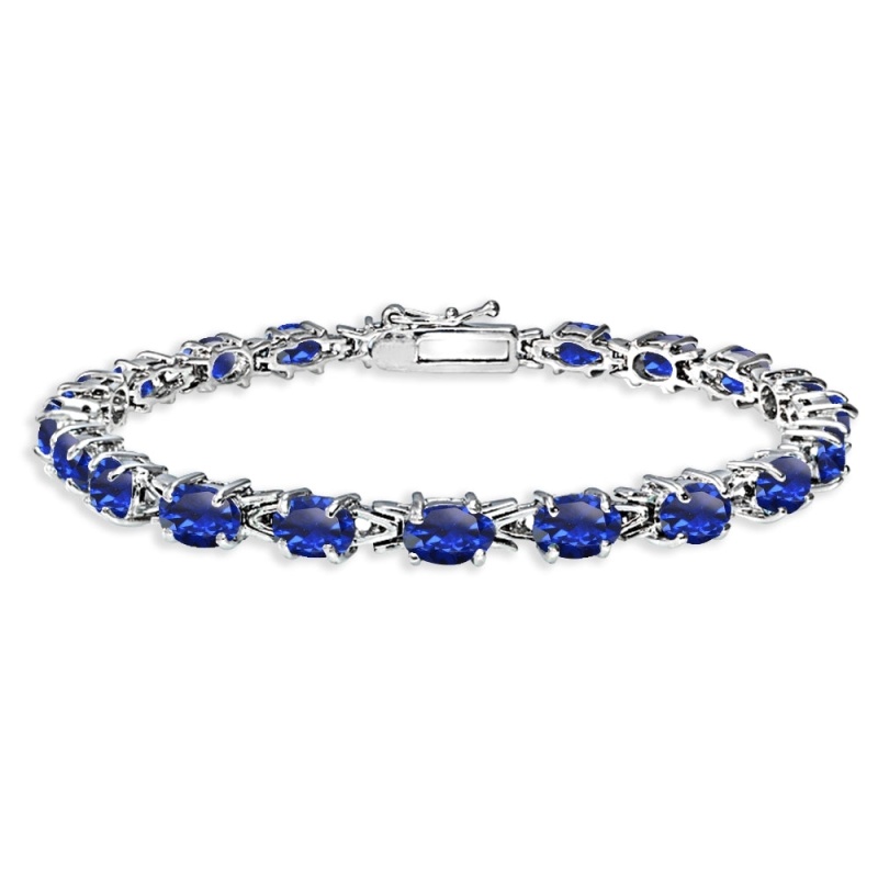 Sterling Silver Polished Created Blue Sapphire 6X4mm Oval-Cut Link Tennis Bracelet