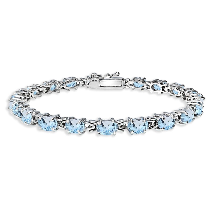Sterling Silver Polished Blue Topaz 6X4mm Oval-Cut Link Tennis Bracelet