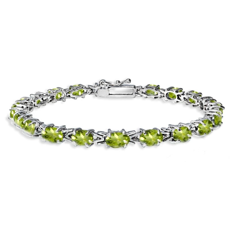 Sterling Silver Polished Peridot 6X4mm Oval-Cut Link Tennis Bracelet