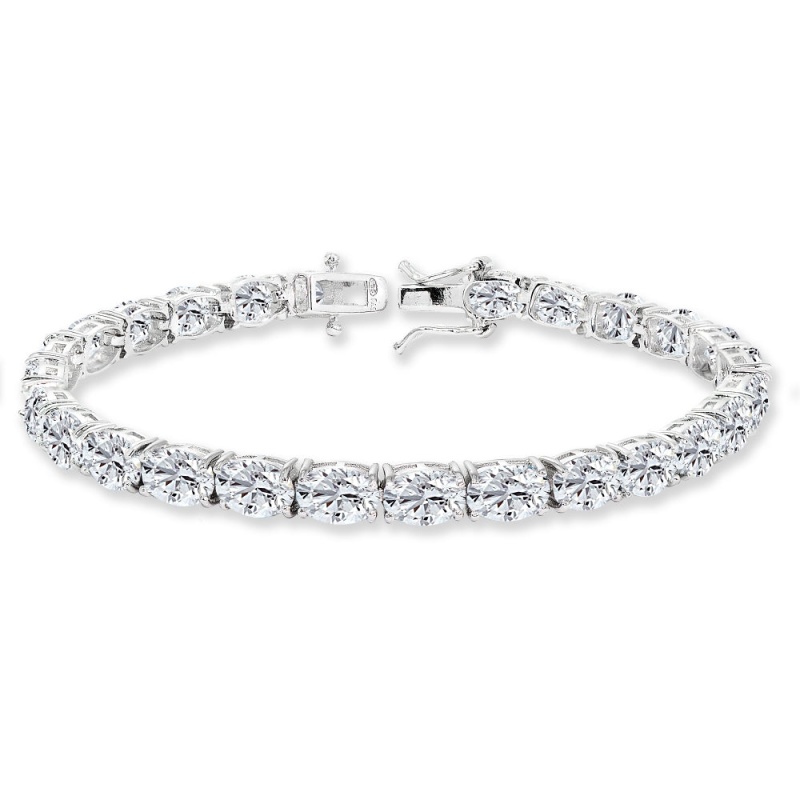 Sterling Silver 7X5mm Created White Sapphire Oval-Cut Classic Tennis Bracelet