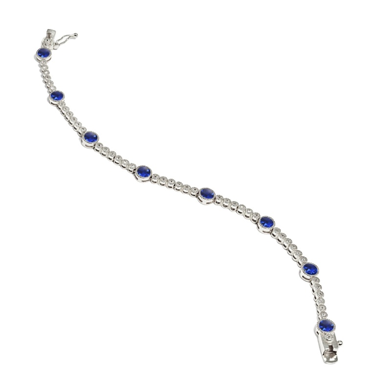Sterling Silver Created Blue Sapphire & White Topaz Round Halo Tennis Bracelet