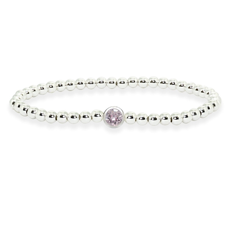 Sterling Silver Polished Beads Stretch Bracelet Made With Light Purple Swarovski Crystal