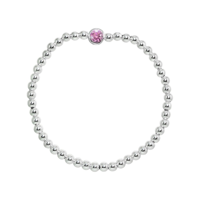 Sterling Silver Polished Beads Stretch Bracelet Made With Light Rose Swarovski Crystal