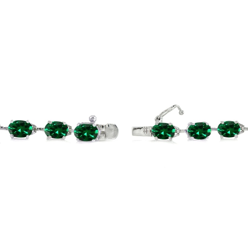 Sterling Silver Created Emerald 7X5mm Oval Classic Link Tennis Bracelet