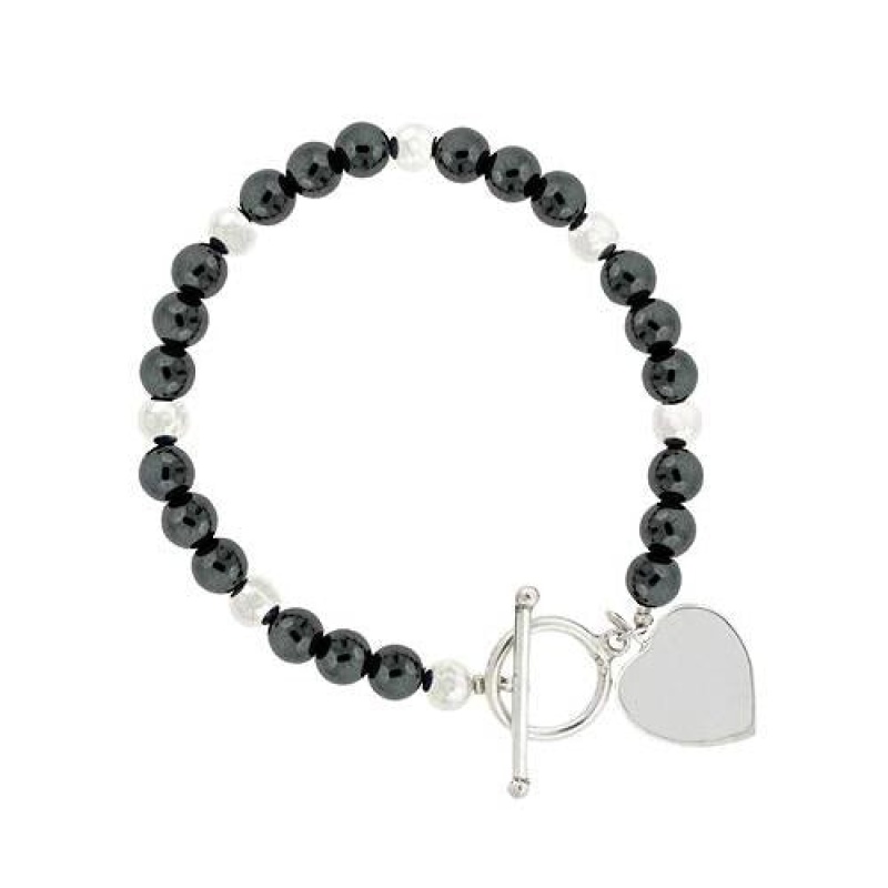 Sterling Silver Hematite 6Mm Beaded Heart Bracelet