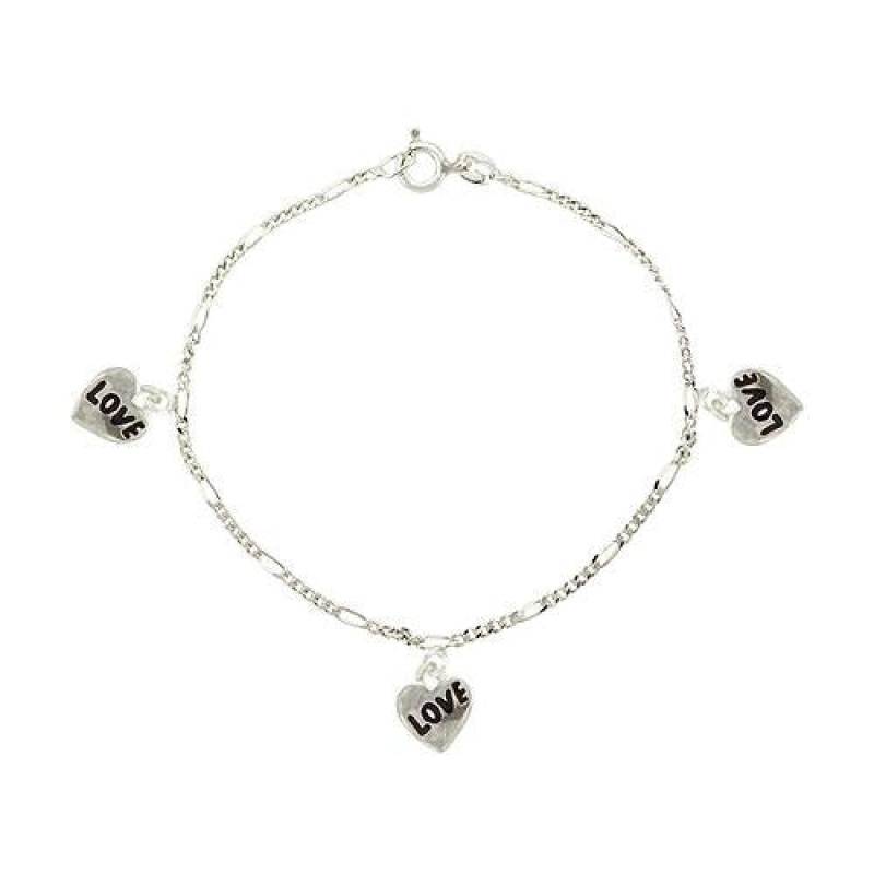 Sterling Silver .925 Figaro Link Black Enamel 'Love' Word Heart Charm Dangle Bracelet