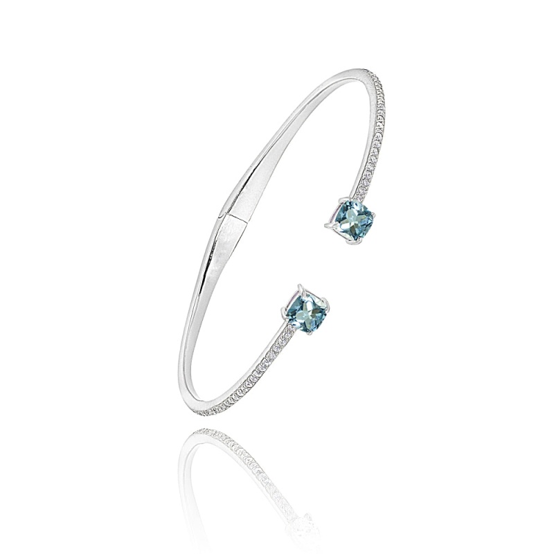 Sterling Silver Blue Topaz & Created White Sapphire Cushion-Cut Dainty Cuff Bangle Bracelet