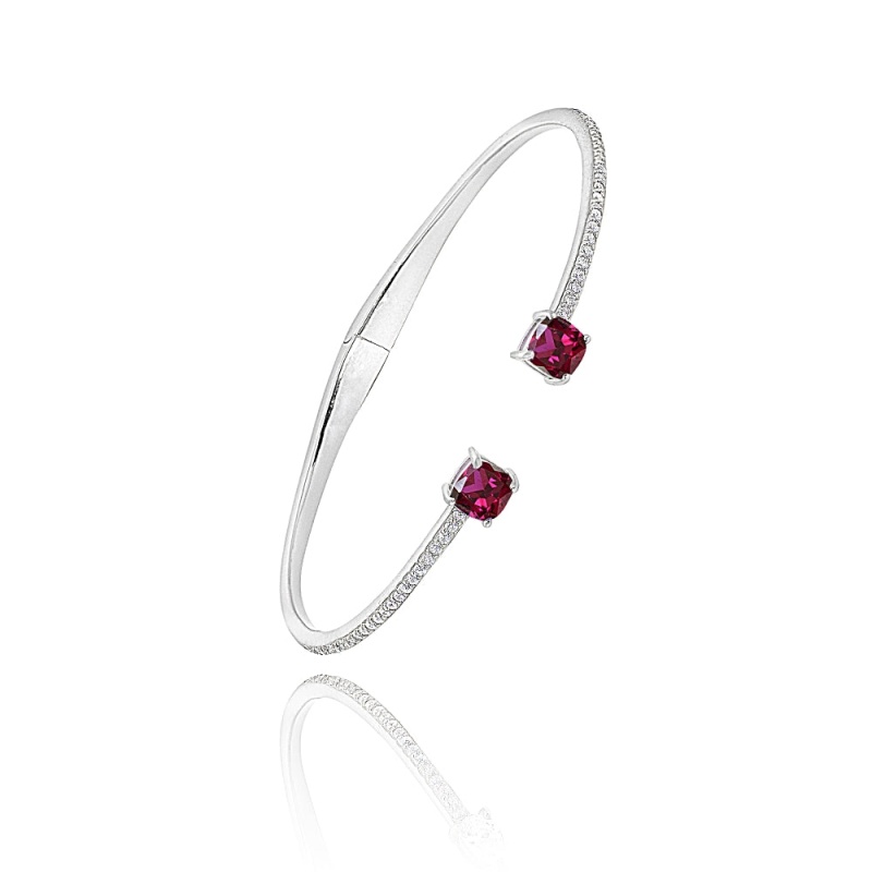 Sterling Silver Created Ruby & White Sapphire Cushion-Cut Dainty Cuff Bangle Bracelet