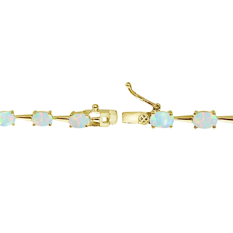 Yellow Gold Flashed Sterling Silver Created White Opal 6X4mm Oval Classic Link Tennis Bracelet