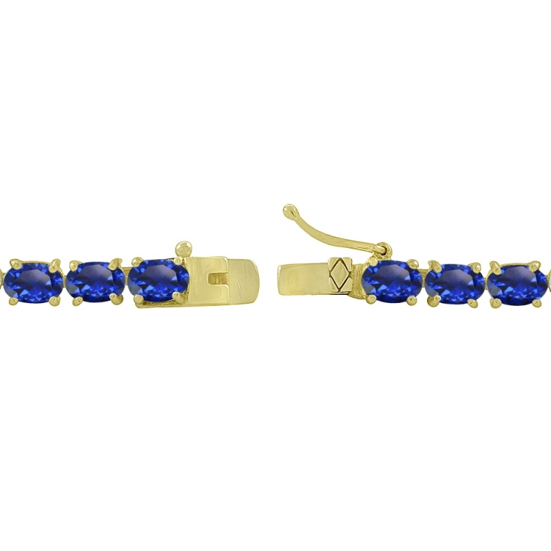 Yellow Gold Flashed Sterling Silver 6X4mm Created Blue Sapphire Oval-Cut Tennis Bracelet