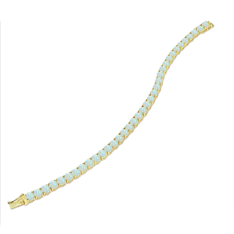 Yellow Gold Flashed Sterling Silver 5Mm Created White Opal Round-Cut Tennis Bracelet