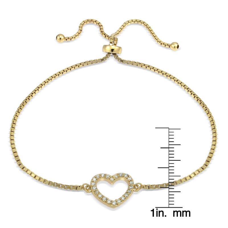 Gold Tone Over Sterling Silver Cubic Zirconia Open Heart Adjustable Bracelet