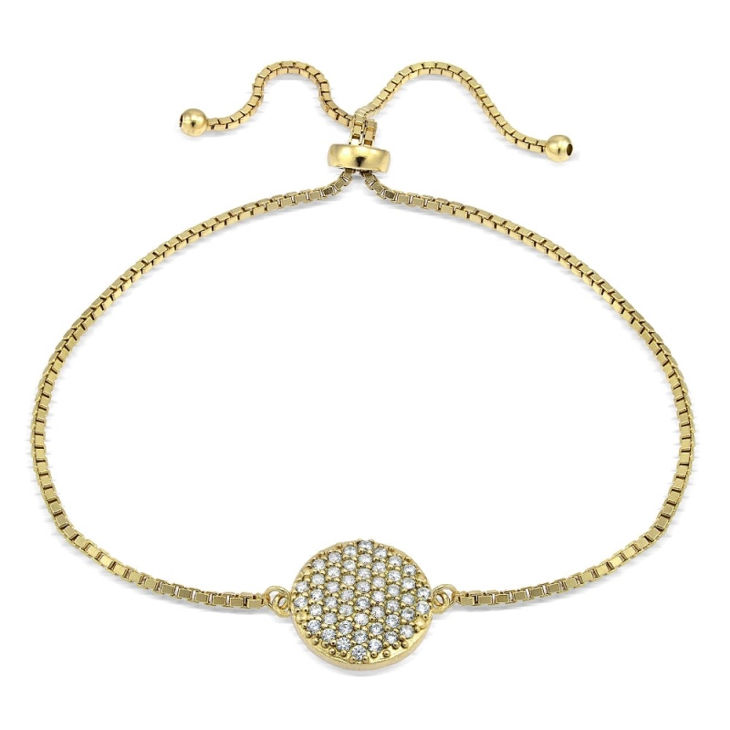 Gold Tone Over Sterling Silver Cubic Zirconia Circle Charm Adjustable Bracelet