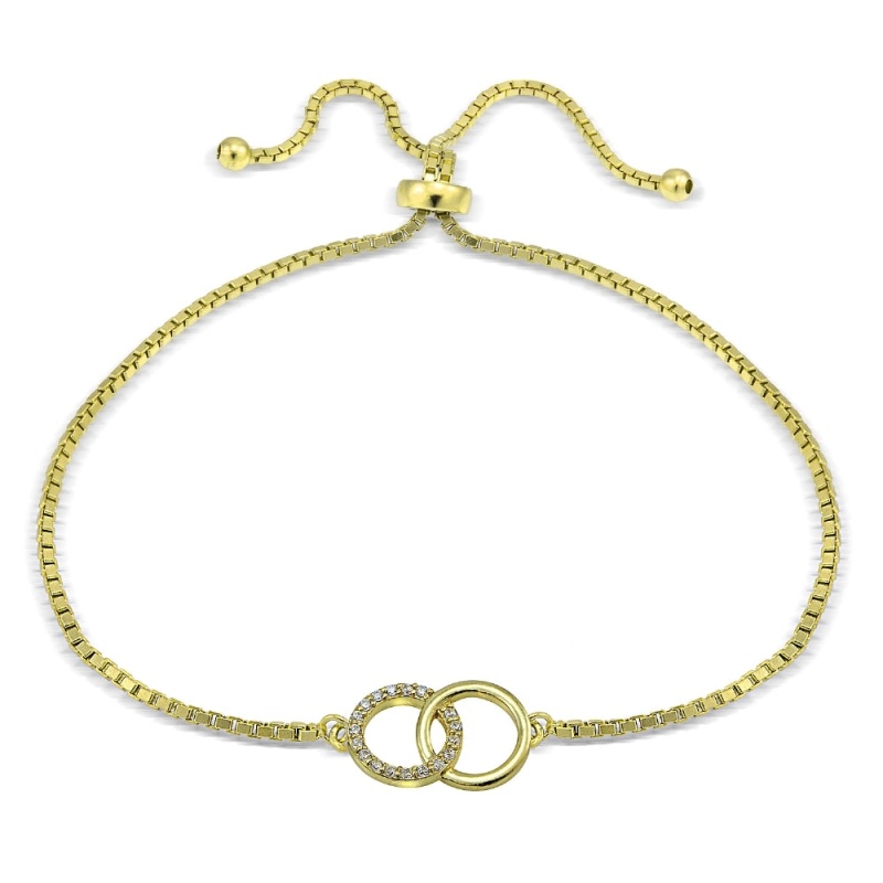Gold Tone Over Sterling Silver Cubic Zirconia Interlocking Circles Adjustable Bracelet