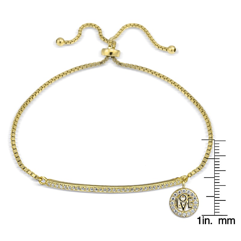 Gold Tone Over Sterling Silver Cubic Zirconia 'Love' Charm Bar Adjustable Bracelet