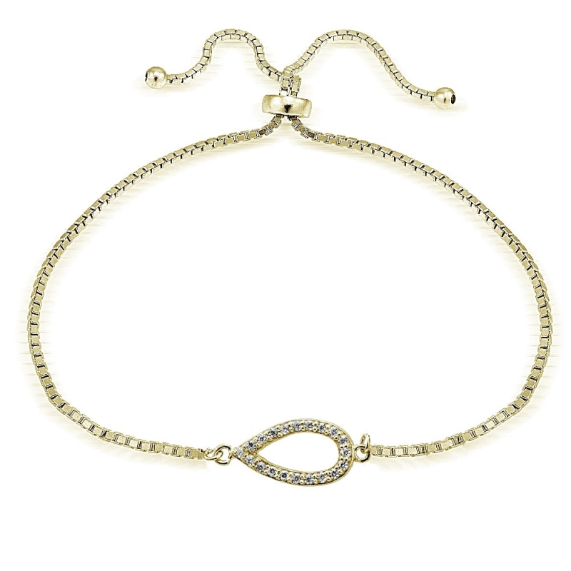 Gold Tone Over Sterling Silver Cubic Zirconia Vertical Teardrop Adjustable Bracelet