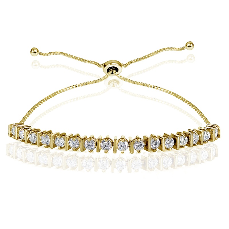 Yellow Gold Flashed Sterling Silver Cubic Zirconia 3Mm Adjustable Bracelet