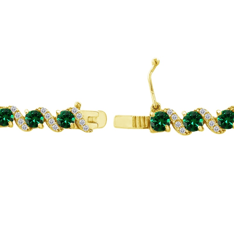 Yellow Gold Flashed Sterling Silver Simulated Emerald 4Mm Round-Cut S Design Tennis Bracelet With White Topaz Accents