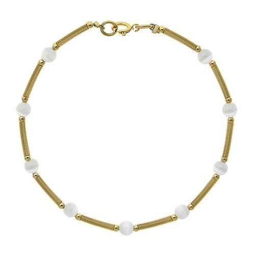 18K Gold Over Sterling Silver White Cats Eye Glass Bar & Bead Bracelet