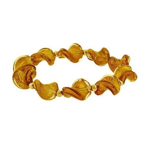 18K Gold Over Sterling Silver Champagne Twist Foil Glass Glitter Beaded Stretch Bracelet