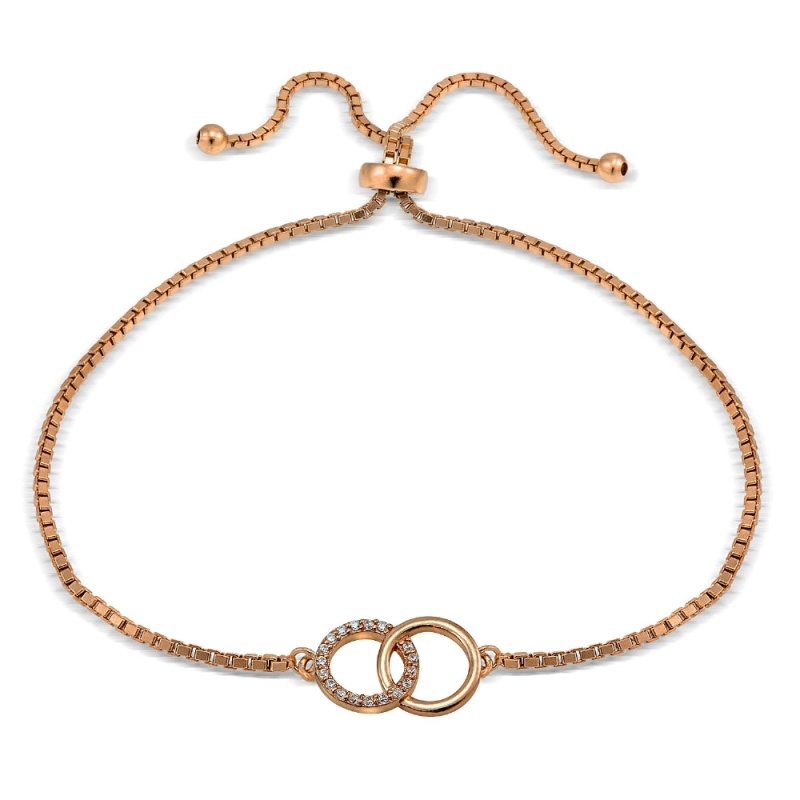 Rose Gold Tone Over Sterling Silver Cubic Zirconia Interlocking Circles Adjustable Bracelet