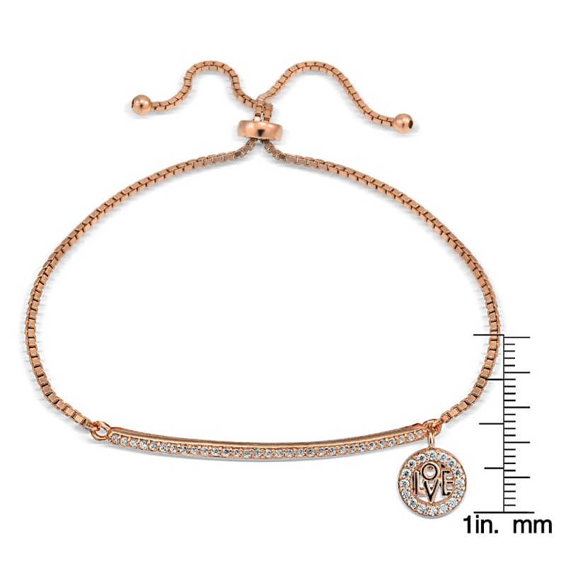 Rose Gold Tone Over Sterling Silver Cubic Zirconia 'Love' Charm Bar Adjustable Bracelet