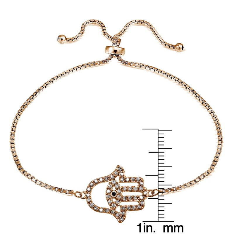 Rose Gold Flashed Silver Black Cubic Zirconia Hamsa Evil Eye Adjustable Slider Bracelet