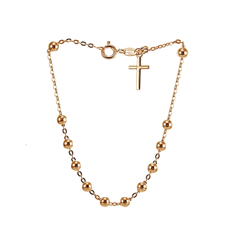 Rose Gold Flashed Sterling Silver Bead Station Cross Chain Bracelet