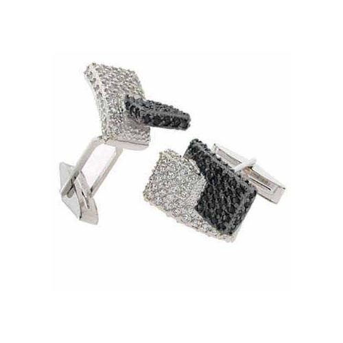 Sterling Silver Black & Clear Cz Modern Men's Cufflinks
