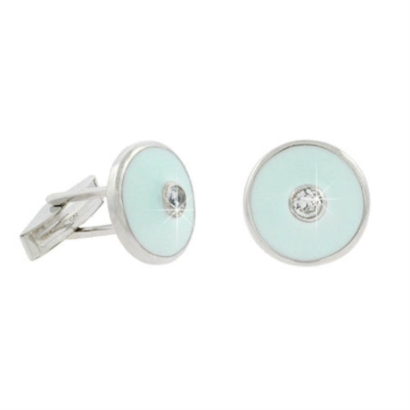 Sterling Silver Cz & Teal Enamel Round Men's Cufflinks
