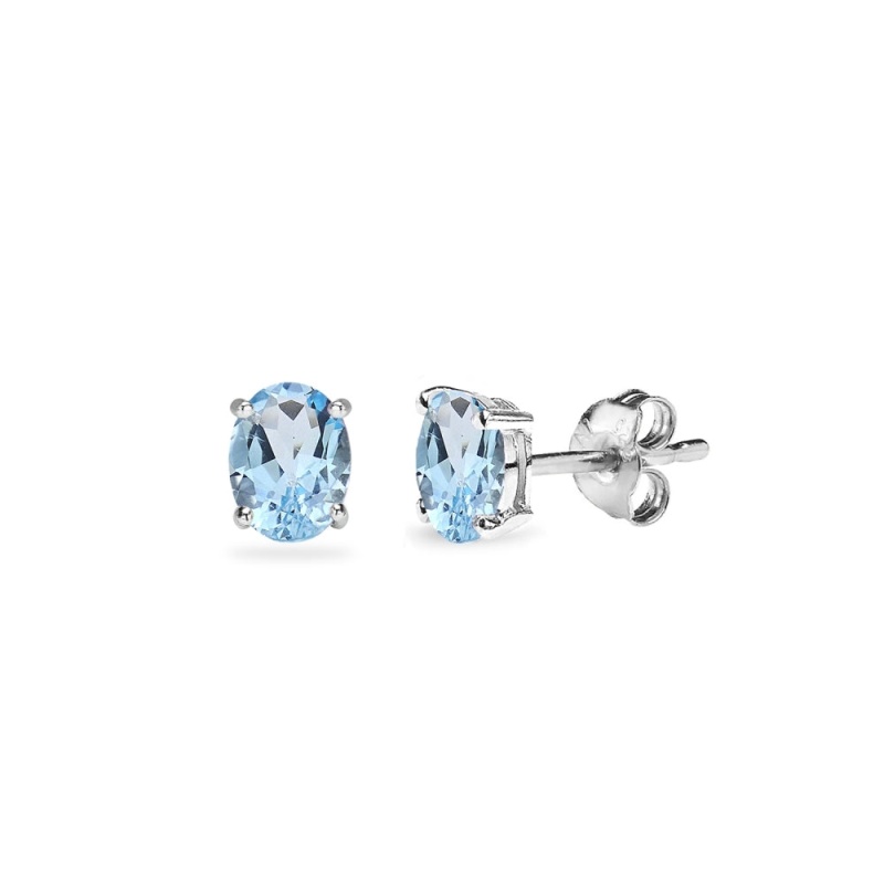 Sterling Silver Blue Topaz 5X3mm Oval-Cut Solitaire Stud Earrings