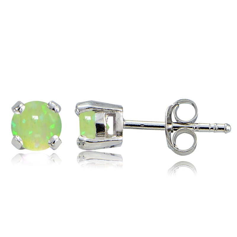 Sterling Silver Created Green Opal 4Mm Round Stud Earrings