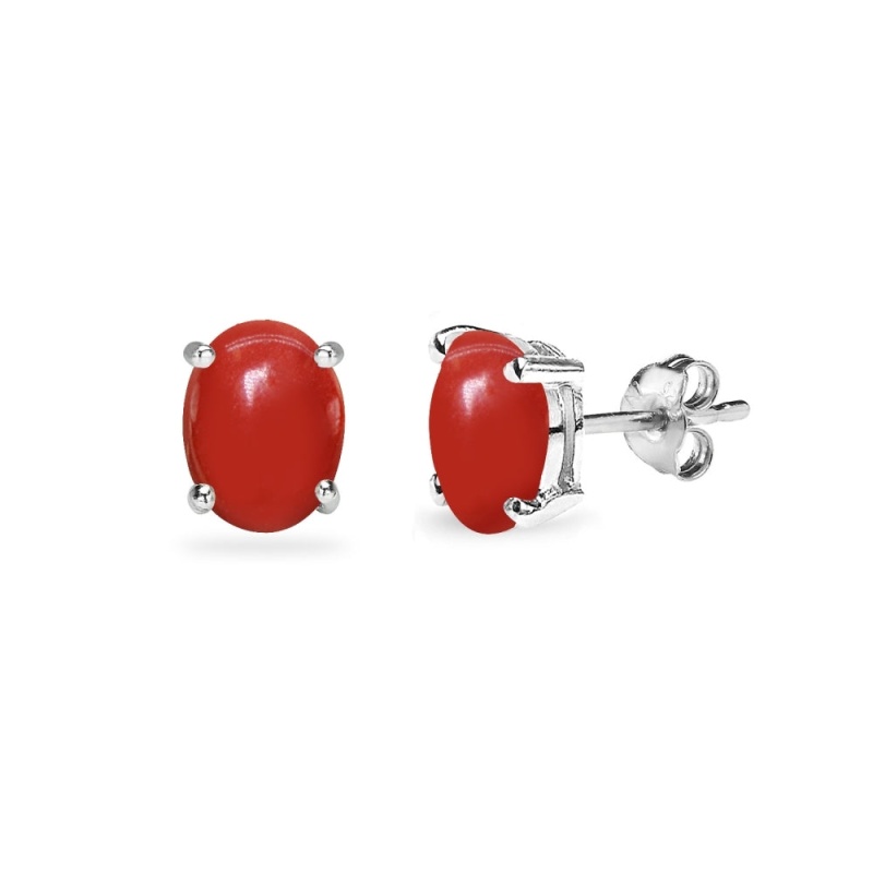 Sterling Silver Deep Coral 6X4mm Oval-Cut Solitaire Stud Earrings