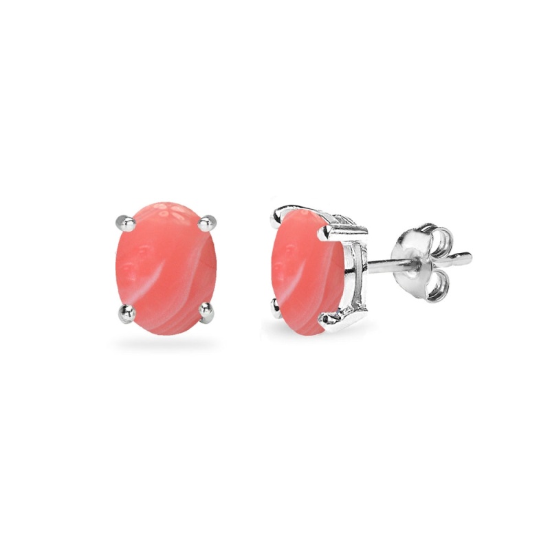 Sterling Silver Created Coral Oval 6X4mm Prong-Set Stud Earrings