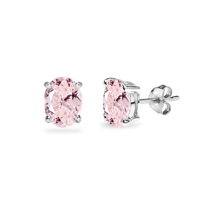 Sterling Silver Created Morganite 6X4mm Oval Solitaire Dainty Stud Earrings