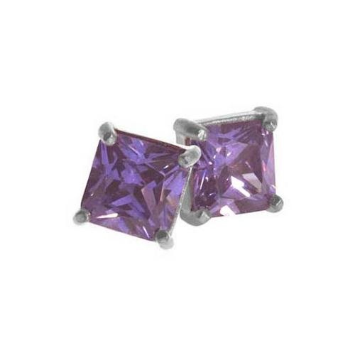 Sterling Silver Amethyst Cz Square 5Mm Stud Earrings