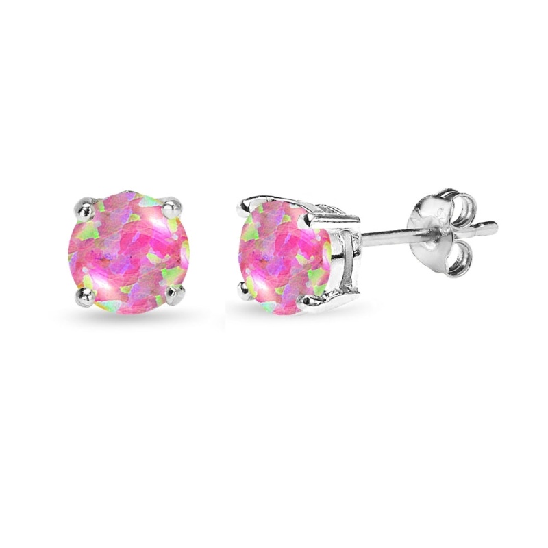 Sterling Silver Created Pink Opal 6Mm Round Stud Earrings
