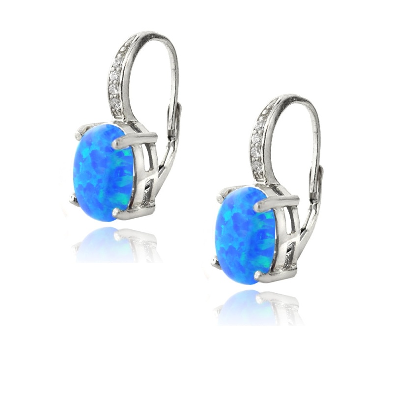 Sterling Silver Created Blue Opal & Diamond Accent Oval Leverback Earrings