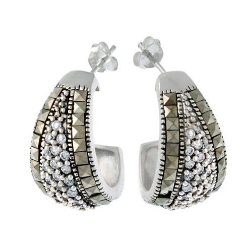 Sterling Silver Marcasite & Cz Half Hoop Earrings