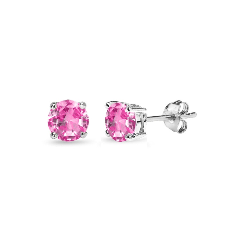 Sterling Silver Created Pink Sapphire 4Mm Round Solitaire Dainty Stud Earrings
